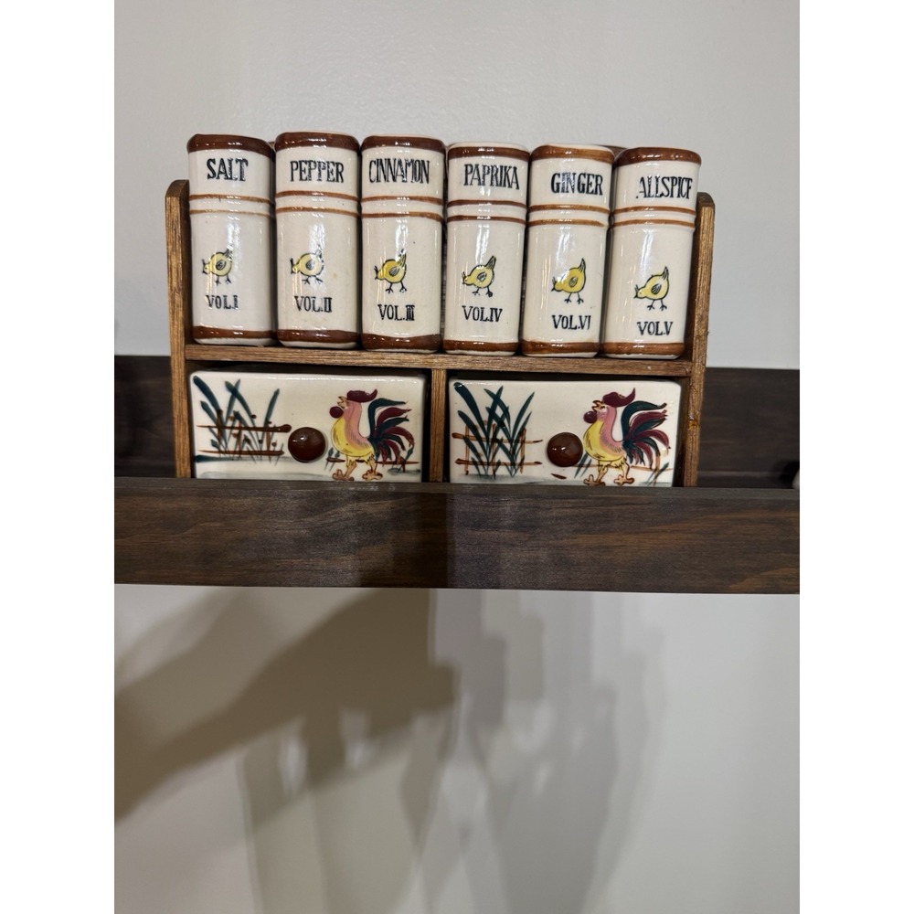 Vintage Japan MCM Wood Spice Rack Ceramic Spice Jars Drawers Chicks Roosters